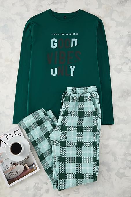 Man Green Regular Fit Plaid Knitted 100% Cotton Pajama Set