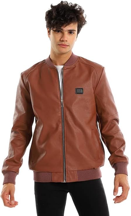 Mandarin Collar Hips Length Full Brown Leather Jacket