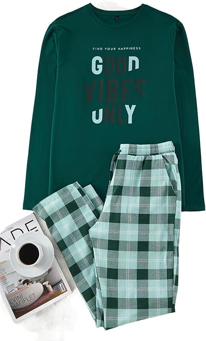 Man Green Regular Fit Plaid Knitted 100% Cotton Pajama Set