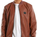 Mandarin Collar Hips Length Full Brown Leather Jacket