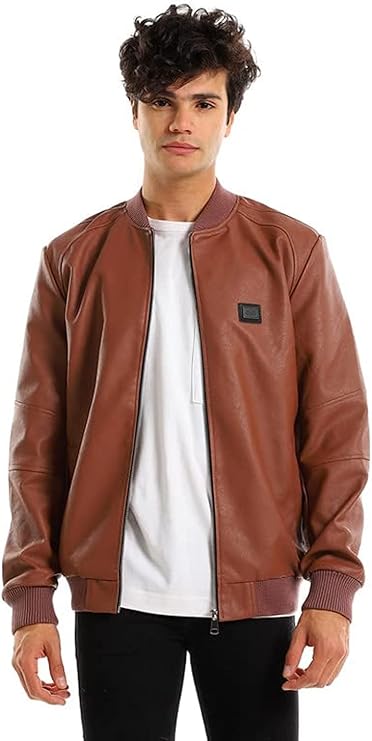 Mandarin Collar Hips Length Full Brown Leather Jacket