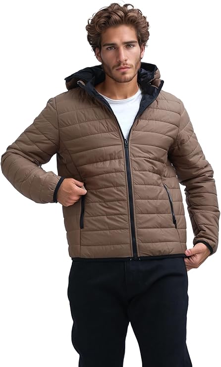 Men's Dark Coffee Puffer Jacket With Detachable Hooded Neck