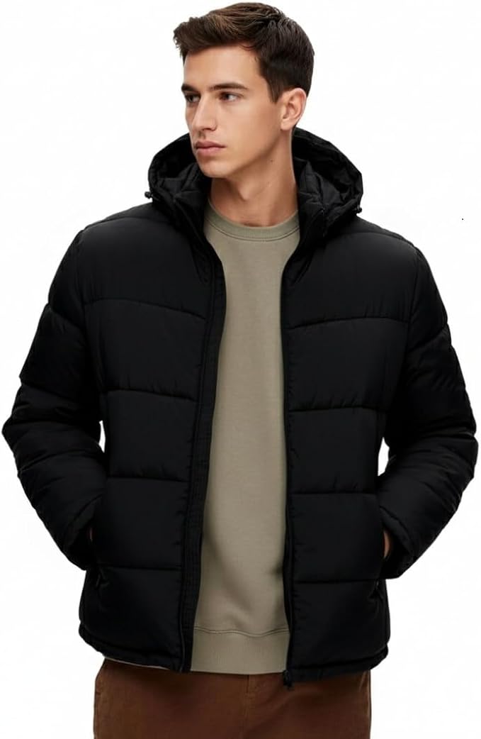 Men's Down Puffer Jacket with Hood and Zipper
