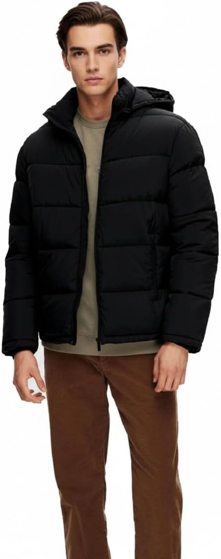 Men's Down Puffer Jacket with Hood and Zipper