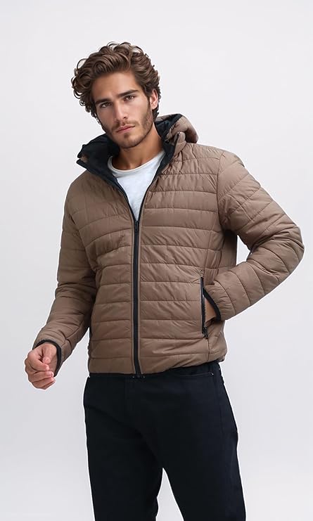 Men's Dark Coffee Puffer Jacket With Detachable Hooded Neck